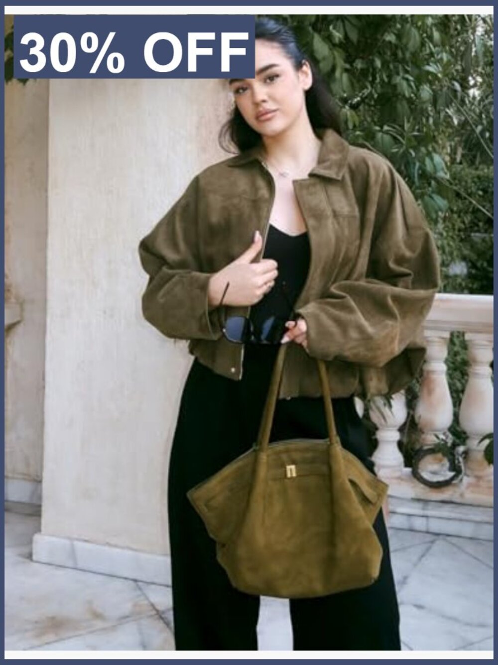 Faux Suede Bomber Jacket Oversized Batwing Long Sleeve Zip Up Cropped Streetwear - Picture 5 of 7